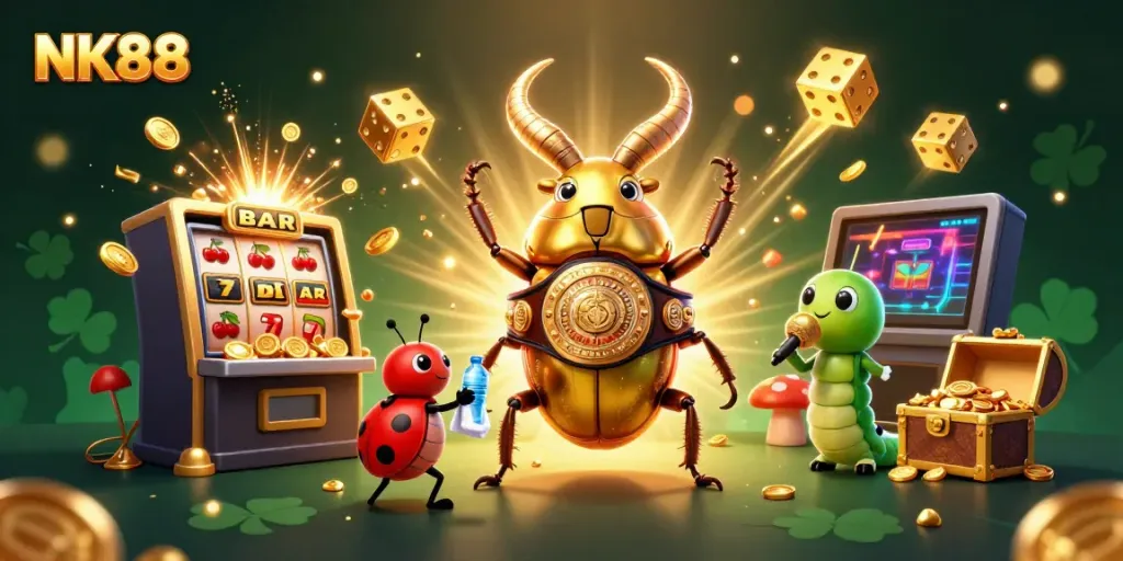Experience thrilling casino action with NK88, featuring vibrant characters, slots, and epic wins.