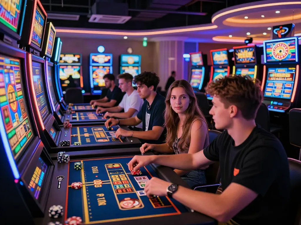 Players enjoying an immersive gaming experience at KU88 casino with vibrant screens and live dealers.