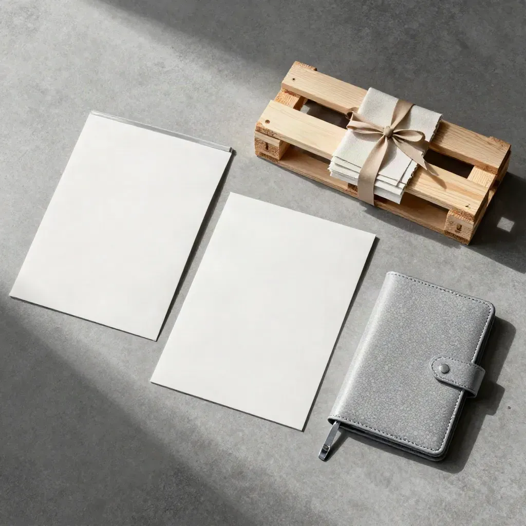 Overhead flatlay of purchase order funding materials on cool concrete, arranged with silver accents.