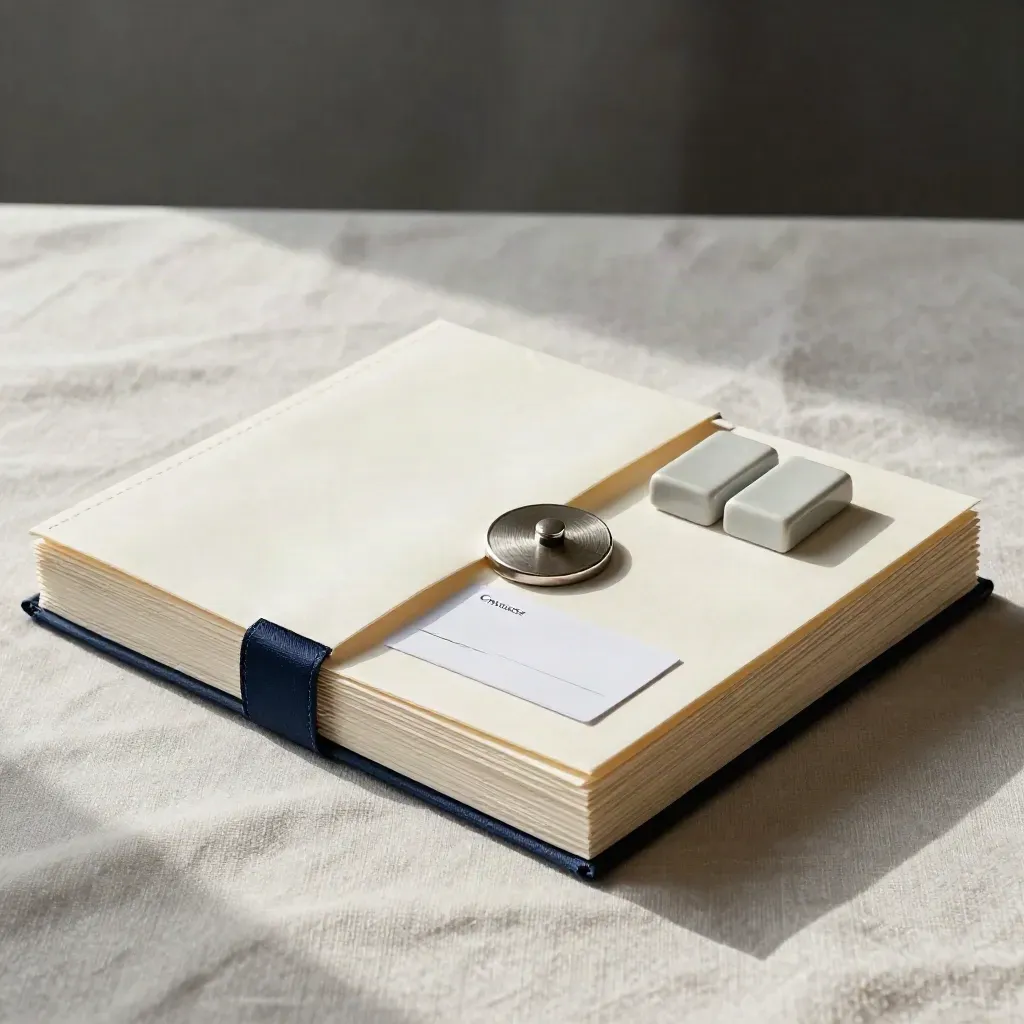 Trade finance document bundle on pale linen with ceramic blocks and customs tag.