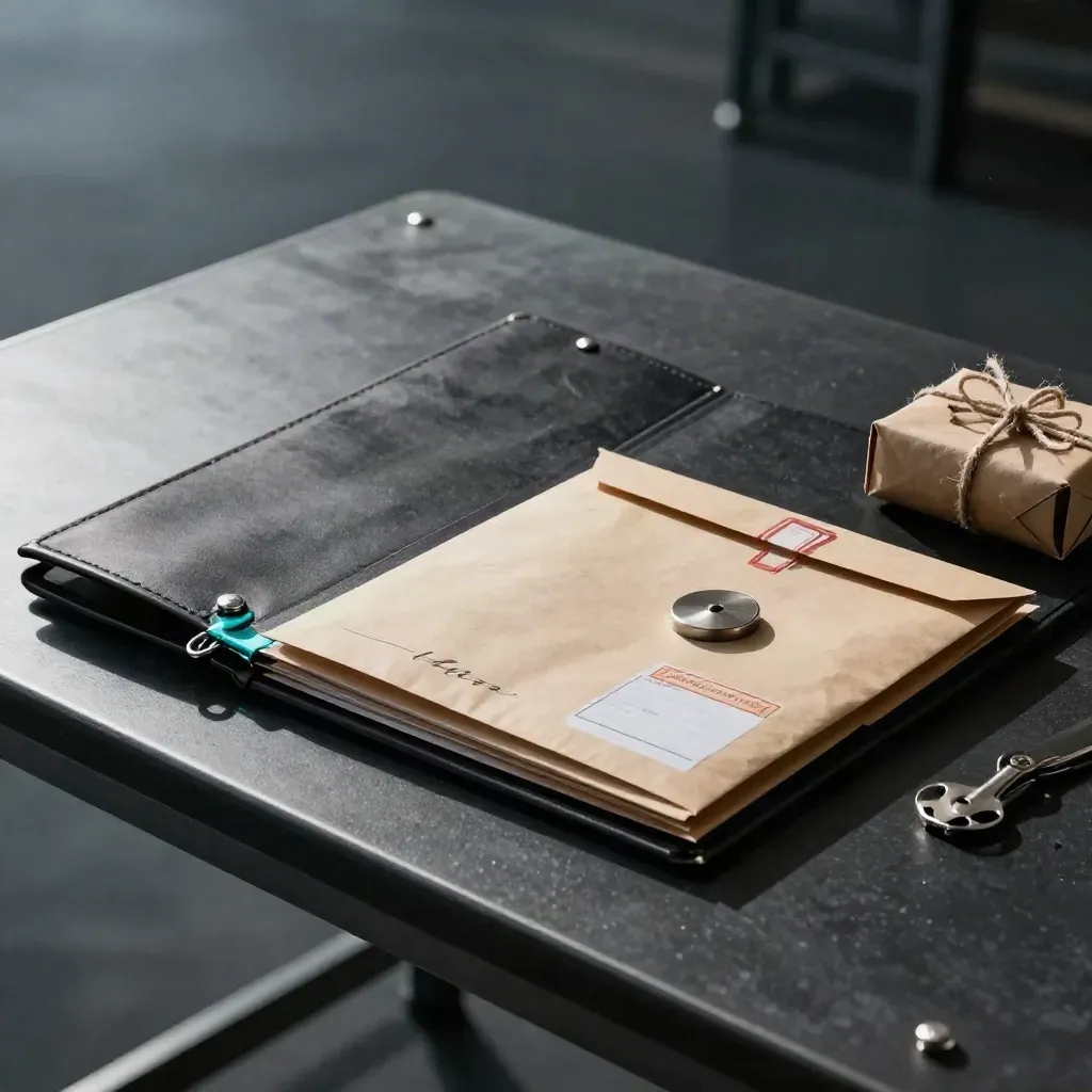 Letter-of-credit folder opening beside a shipping seal and freight sample on a dark studio bench.