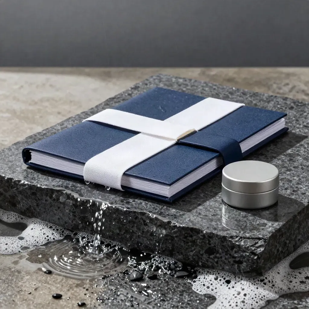 Wet basalt with sealed folders, a canvas strap and a tiny container model in raking light.