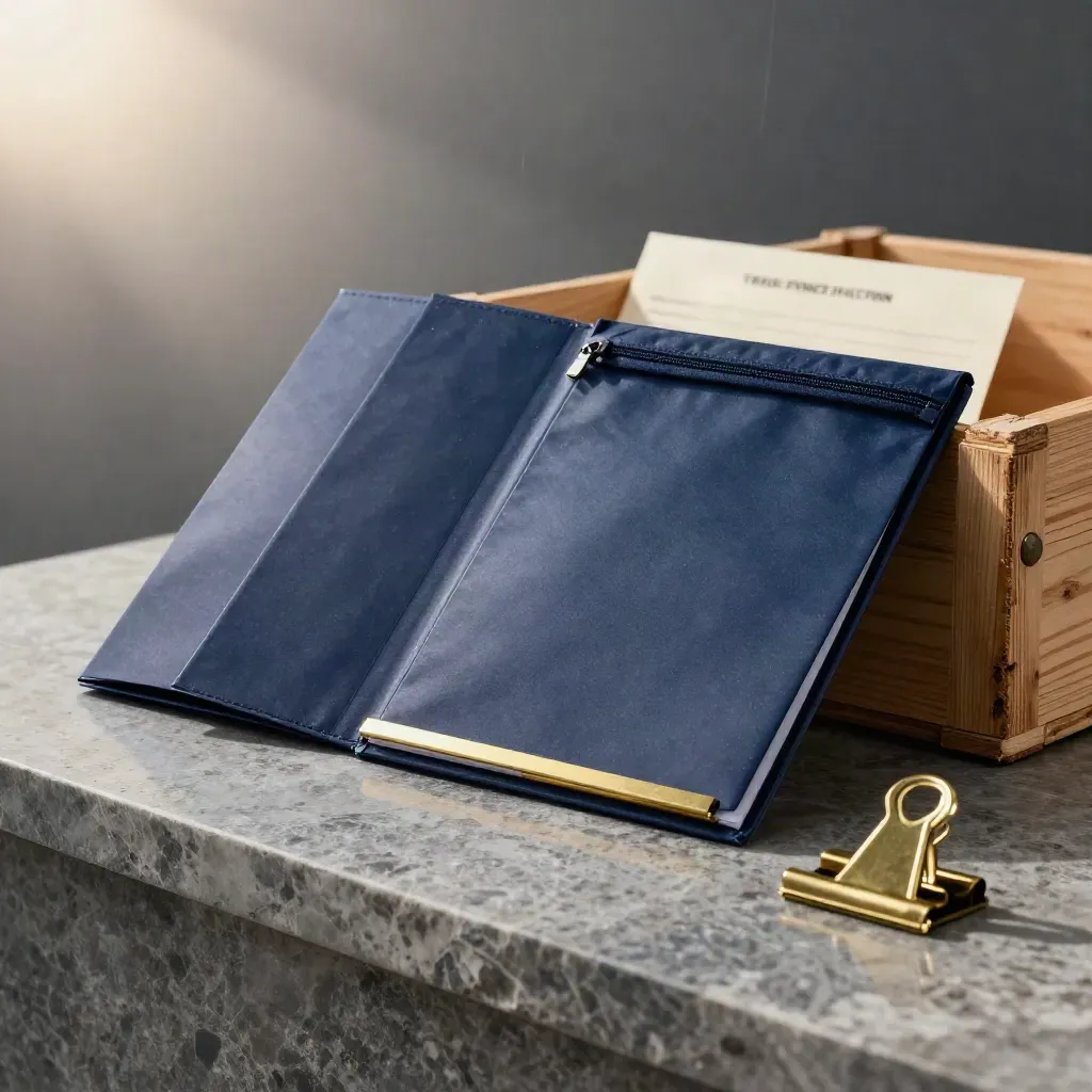 Trade finance invoice-factoring kit with navy folders, courier pouch, brass clamp and export crate corner.