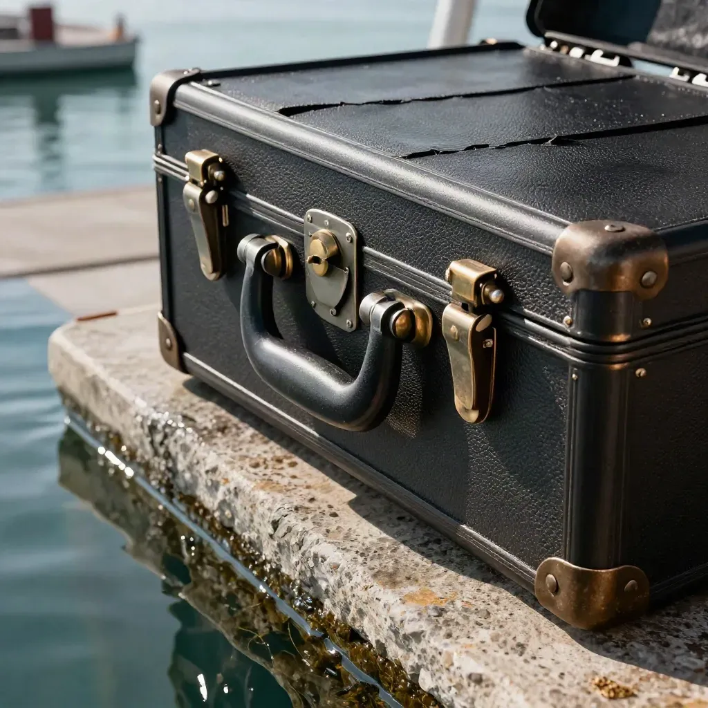 Open customs duty funding case with stone tray, coin-weight and crate corner in sea spray