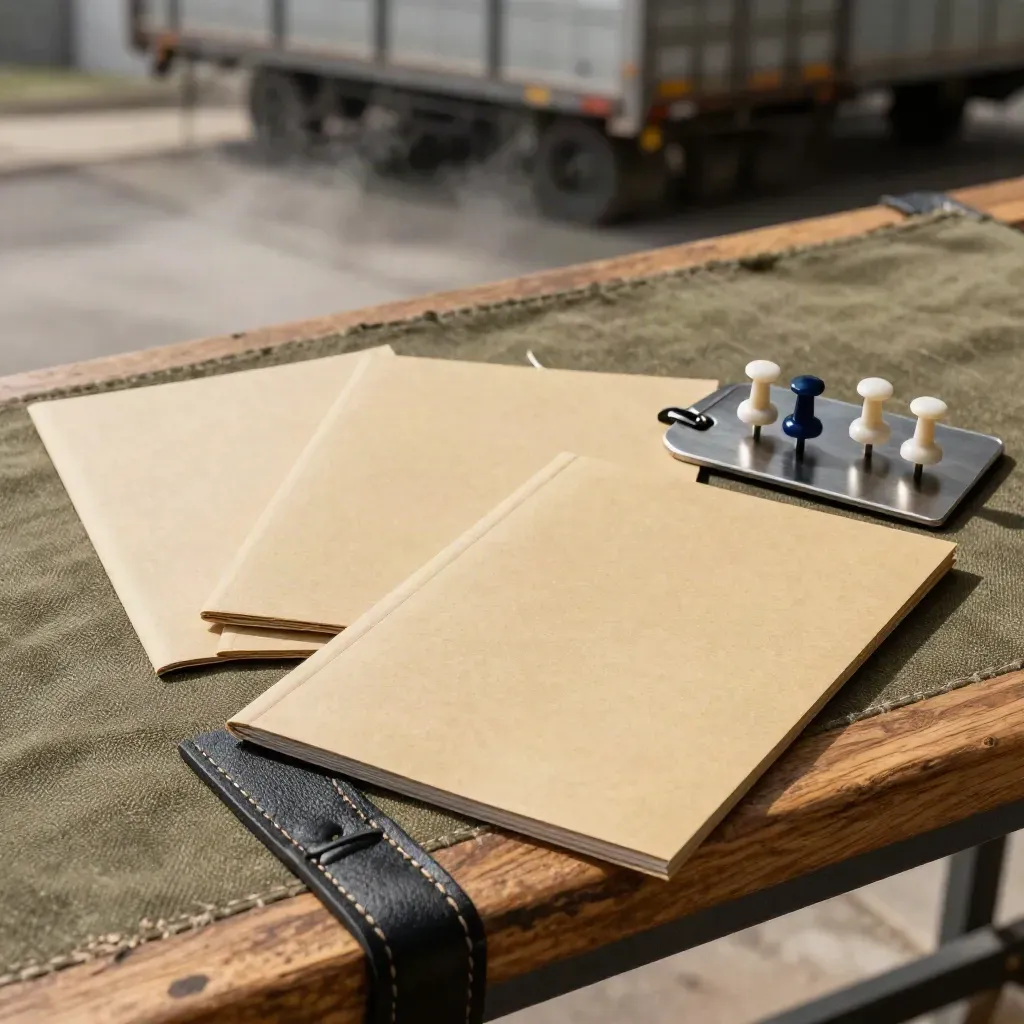 Diagonal factoring kit with blank folios, crate tag and map-pin tokens on an oak bench.
