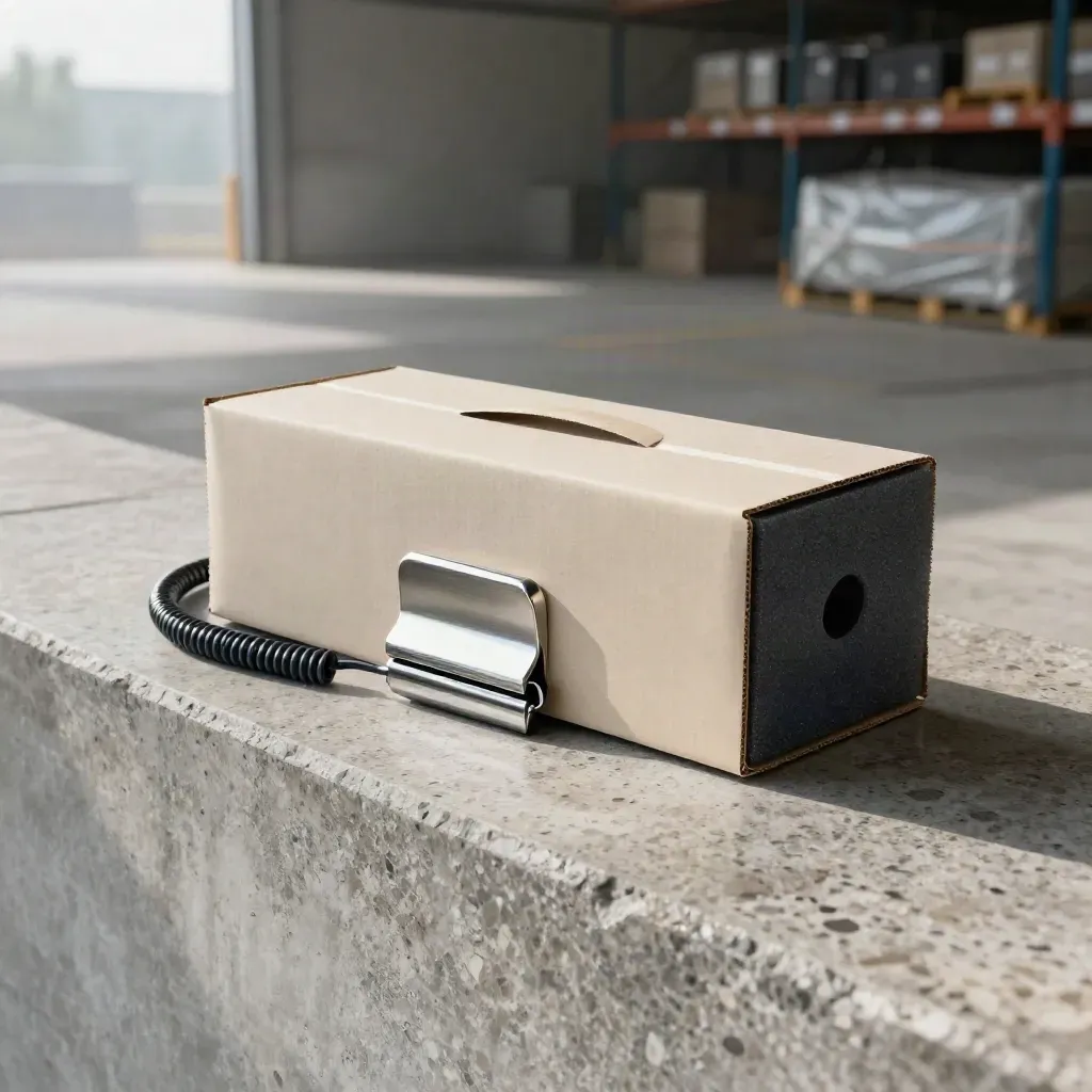 Import funding pack with metal clip, dockline coil and packing foam in a warehouse setting.