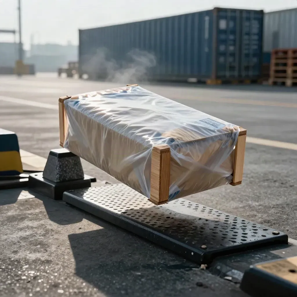 Low floor-level view of a customs duty float package hovering by a misty port threshold.