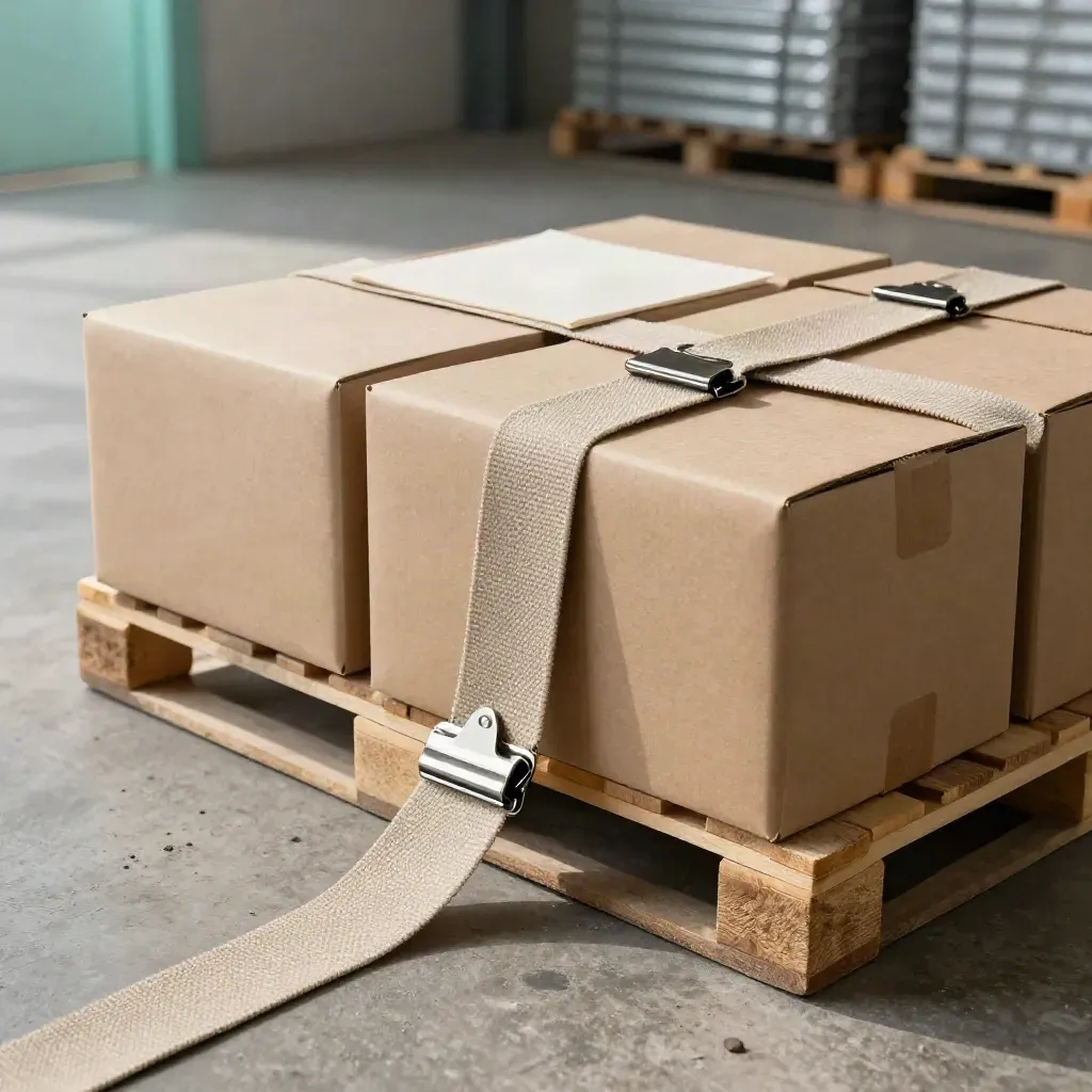 Trade finance cartons with canvas straps and steel clips in a warehouse-lit lifestyle scene.