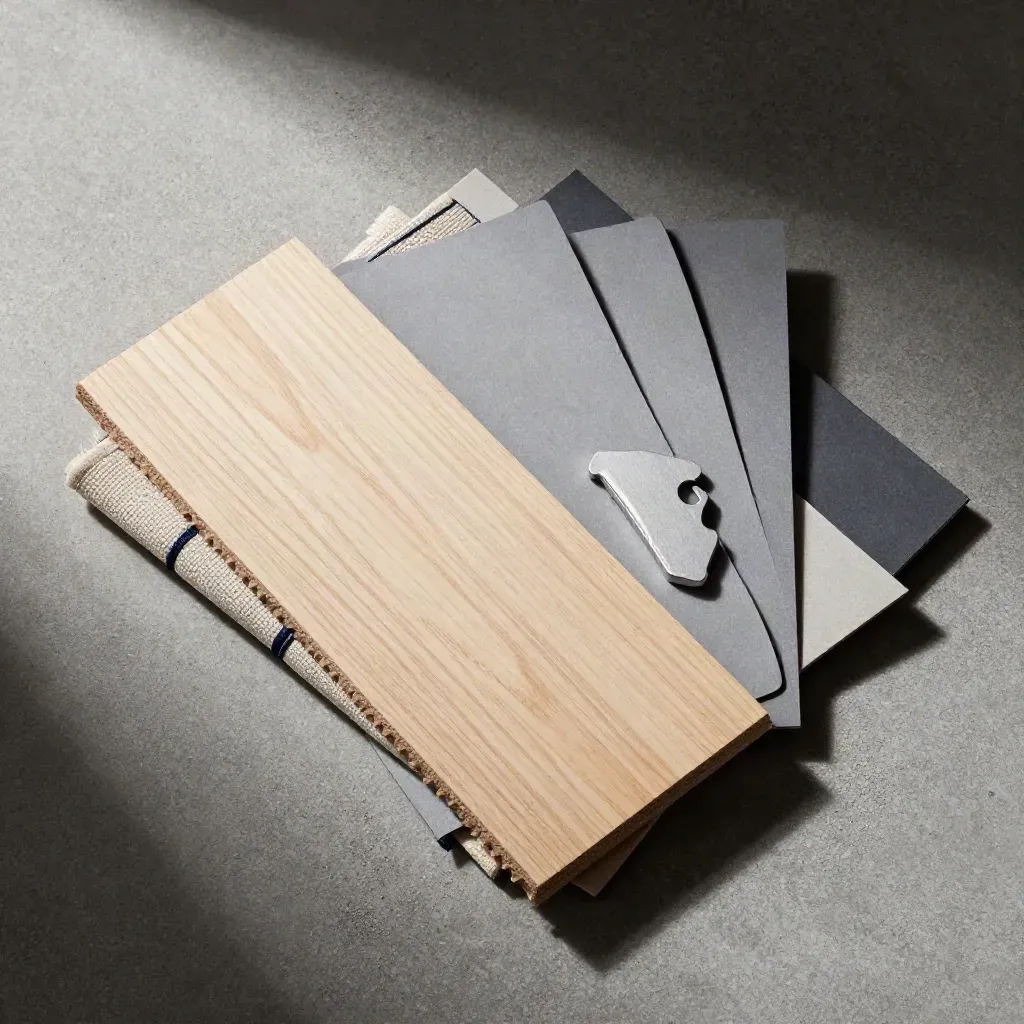 Overhead flatlay of wood, canvas, folders and machined metal on concrete.