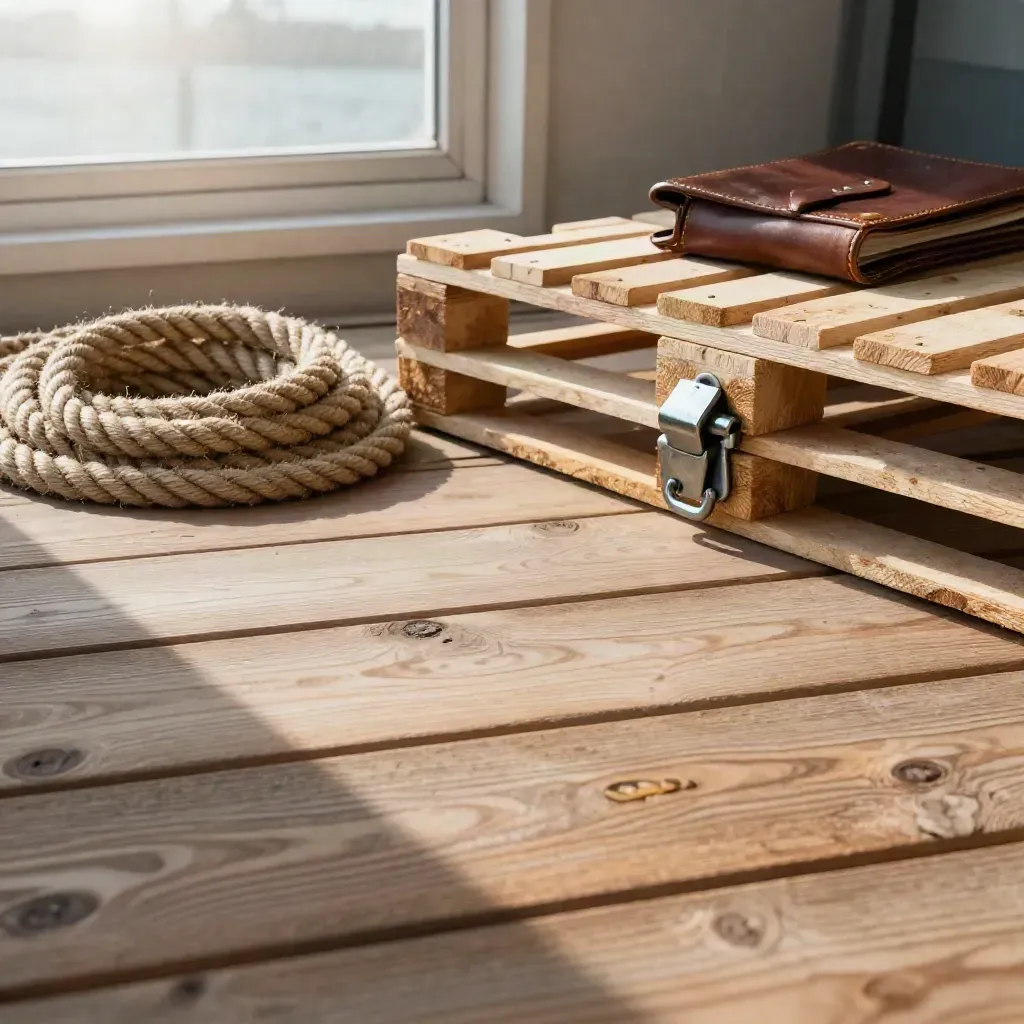 Dock ropes and cargo hardware on warm timber with calm copy space and soft window light