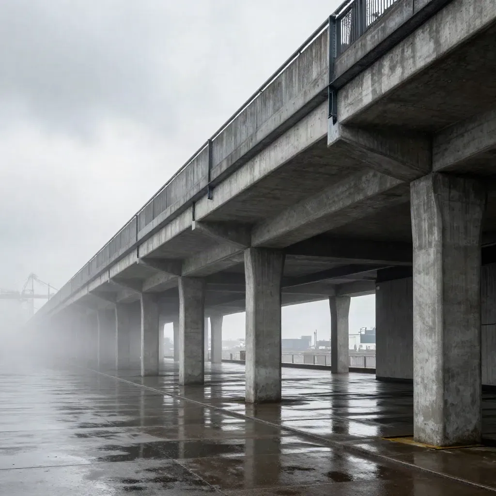 Rain-darkened port arcade with concrete ribs, mist, and cranes above a calm copy area.