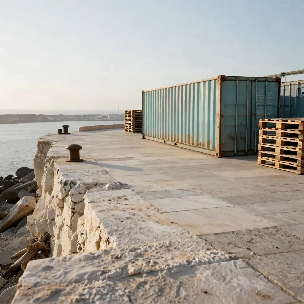 Pale cliffside loading terrace with blurred containers above a calm stone expanse at golden hour.