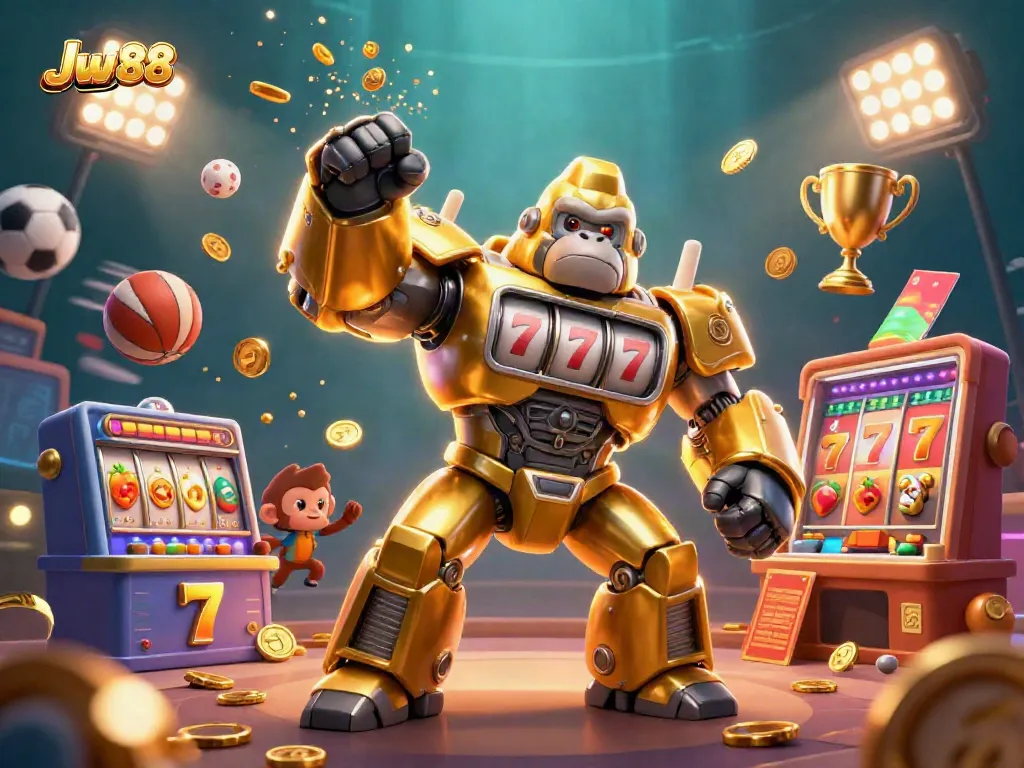 Engage in thrilling gameplay with Jw 88's golden gorilla mech surrounded by slots and sports elements.