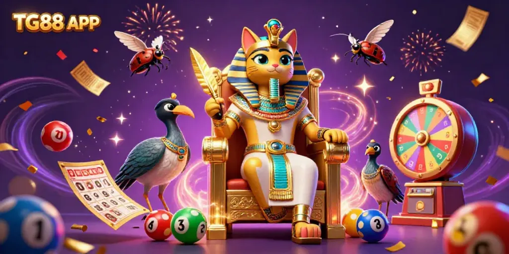 Experience the vibrant world of TG88 APP with a dynamic casino scene featuring a pharaoh cat, lotto elements, and celebratory effects.