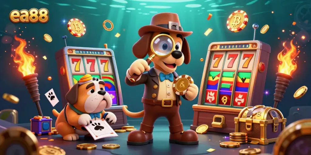 Engage with exciting games at ea88 with dynamic characters uncovering poker clues amid vibrant casino elements.