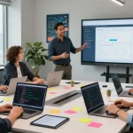 Collaborative environment at WPS Official Website office with diverse team discussing innovative software solutions.