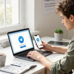 Seamless Telegram Download process on modern workspace with laptop and smartphone, tech gadgets in sunlight.